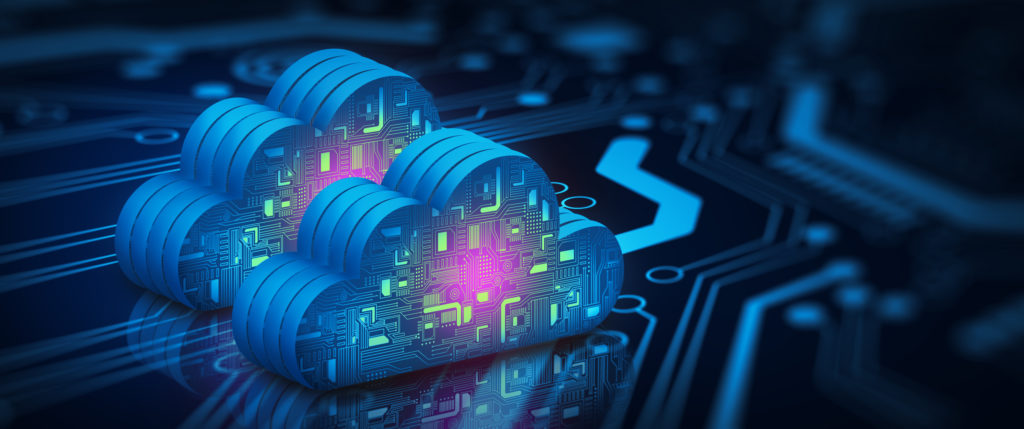 Cloud computing technology internet on Converging point of circuit with Abstract blue background. Cloud Service, Cloud Storage Concept. 3D illustration.
